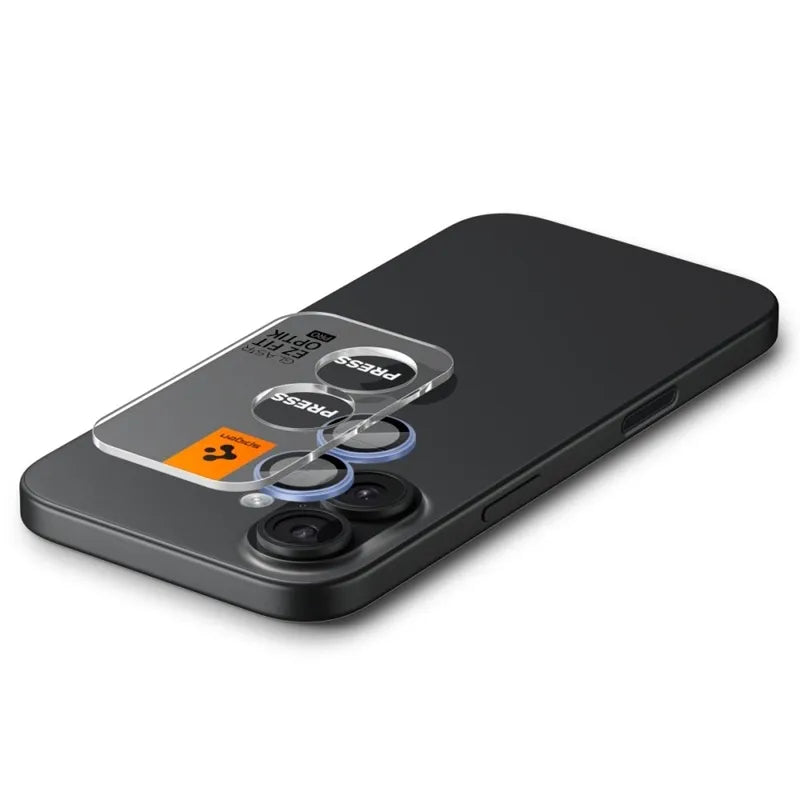 Spigen Optik Pro GLAS.TR EZ Fit fotoaparato apsauginis stikliukas (2 vnt.) – Stiklinė lęšių apsauga skirta iPhone 16 / 16 Plus / 17 (mėlyna)