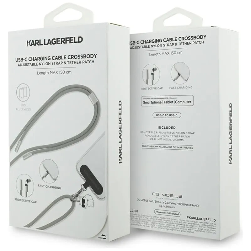 Karl Lagerfeld Crossbody Strap Choupette Charm – universalus telefono dirželis / USB-C į USB-C laidas 1,5 m (pilkas)