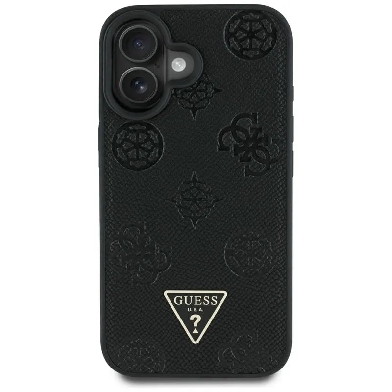 Guess Grained Hot Stamp Peony Triangle Logo MagSafe – Dėklas iPhone 16 (juodas)