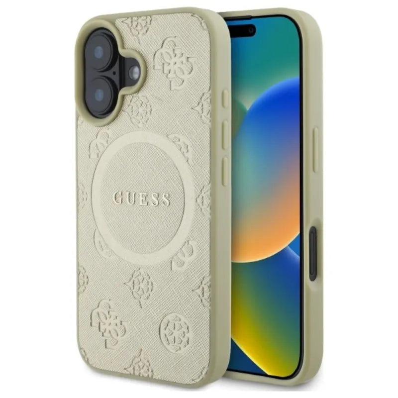Guess Saffiano Peony Classic Logo MagSafe – dėklas iPhone 16 (auksinis)