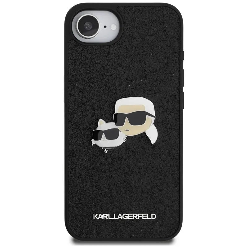 Karl Lagerfeld Fixed Glitter Karl & Choupette Heads Metal Pin – dėklas iPhone 16e (juodas)