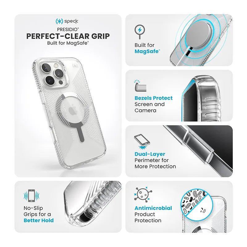 Speck Presidio Perfect-Clear Grip MagSafe – dėklas iPhone 16 Pro Max (skaidrus / chromuota apdaila / Serene Silver)