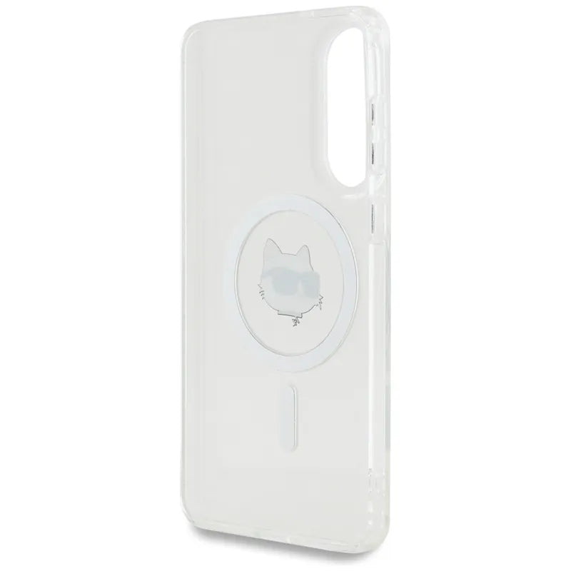 Karl Lagerfeld Button Choupette Head Printed Logo MagSafe – dėklas Samsung Galaxy S25 Edge (baltas)