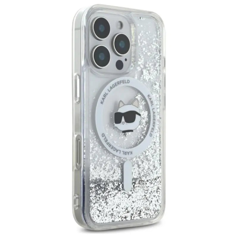Karl Lagerfeld Liquid Glitter Choupette Head MagSafe – Dėklas iPhone 16 Pro Max (skaidrus)