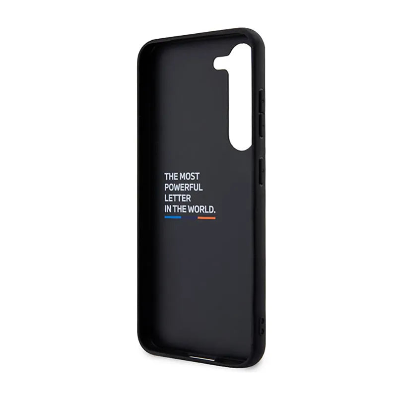 BMW Leather Carbon Blue Line – dėklas Samsung Galaxy S23+ (juodas)
