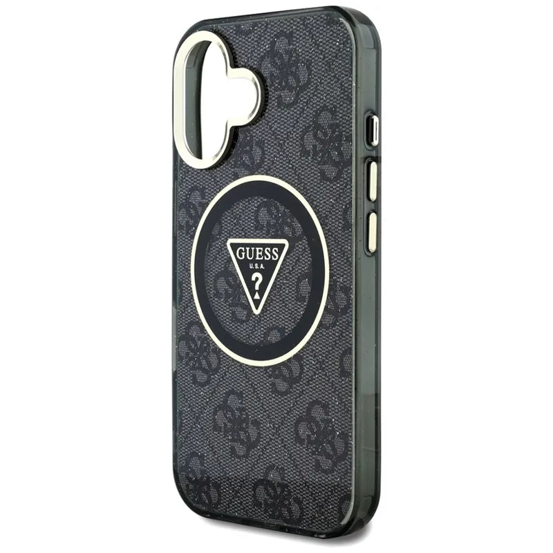 Guess IML Metal Glitter 4G Circle Triangle MagSafe – dėklas iPhone 16 (juodas)