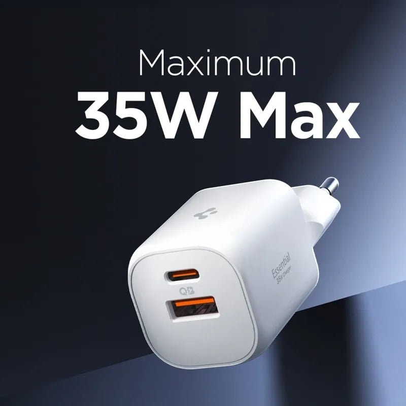 Spigen Essential EE352EU GaN Pro – USB-C + USB-A 35W sieninis įkroviklis (Baltas)