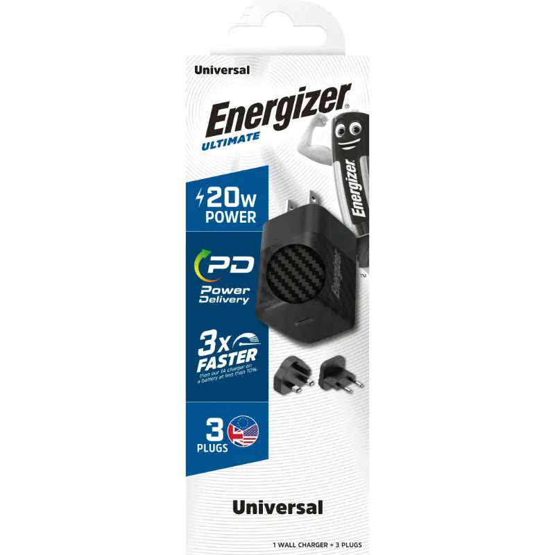 Energizer Ultimate – sieninis įkroviklis su keičiamais kištukais (ES / JK / JAV), GaN 20 W PD (juodas)