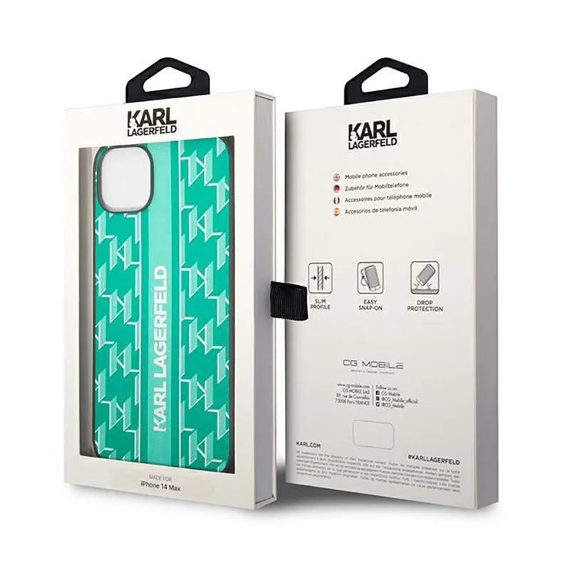 Karl Lagerfeld Monogram Stripe – Dėklas, skirtas iPhone 14 Plus (žalias)