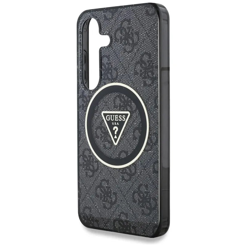 Guess 4G Glitter Triangle Buttons MagSafe – dėklas Samsung Galaxy S25+ (juodas)