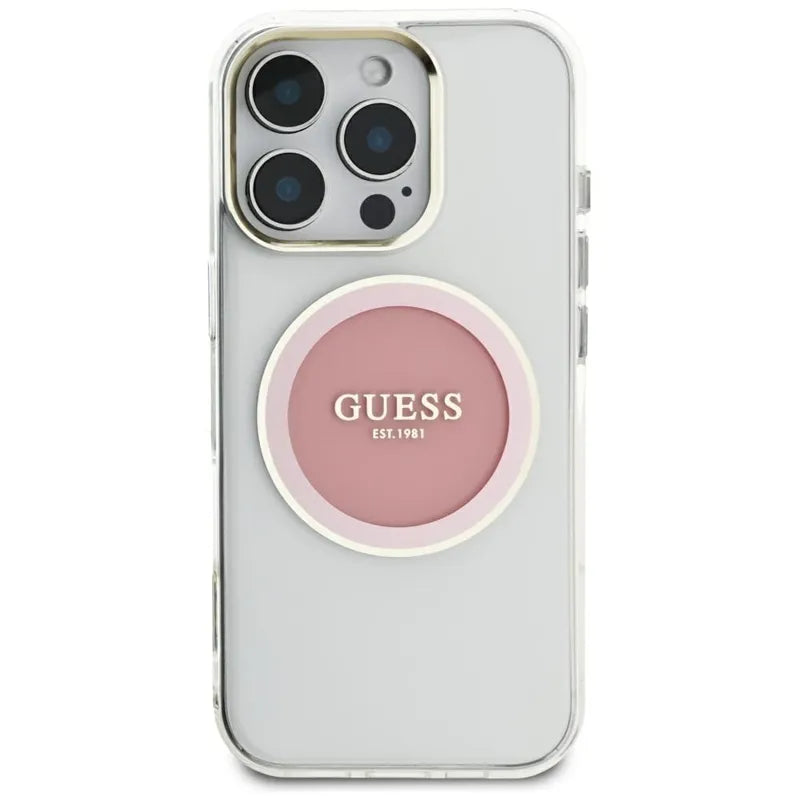 Guess IML Metal Colored Circle Classic Logo MagSafe - Dėklas iPhone 16 Pro Max (rožinis)