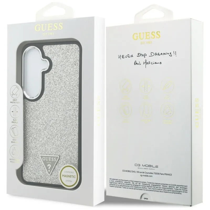 Guess Fixed Glitter Triangle MagSafe – Samsung Galaxy S26 dėklas (sidabrinis)