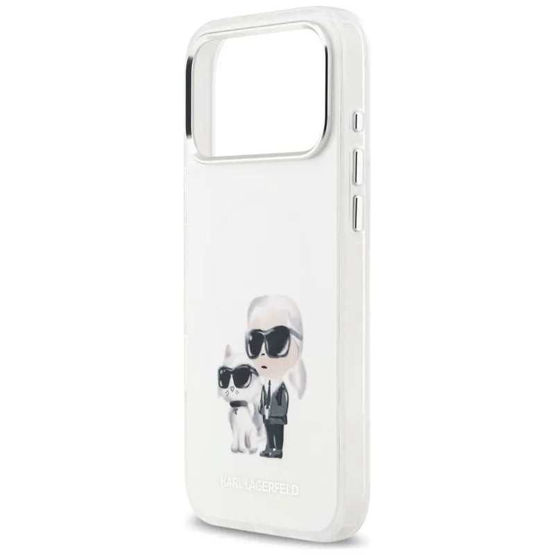 Karl Lagerfeld IML Aquarelle Karl & Choupette & Logo MagSafe dėklas, skirtas iPhone 17 Pro Max (baltas)