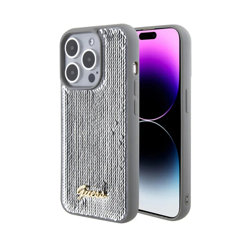 Guess Sequin Script Metal – dėklas „iPhone 15 Pro“ (sidabrinis)