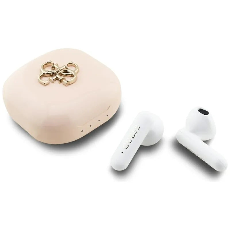 Guess 4G Metal Logo – TWS Bluetooth ausinės + įkrovimo dėklas (rožinės spalvos)