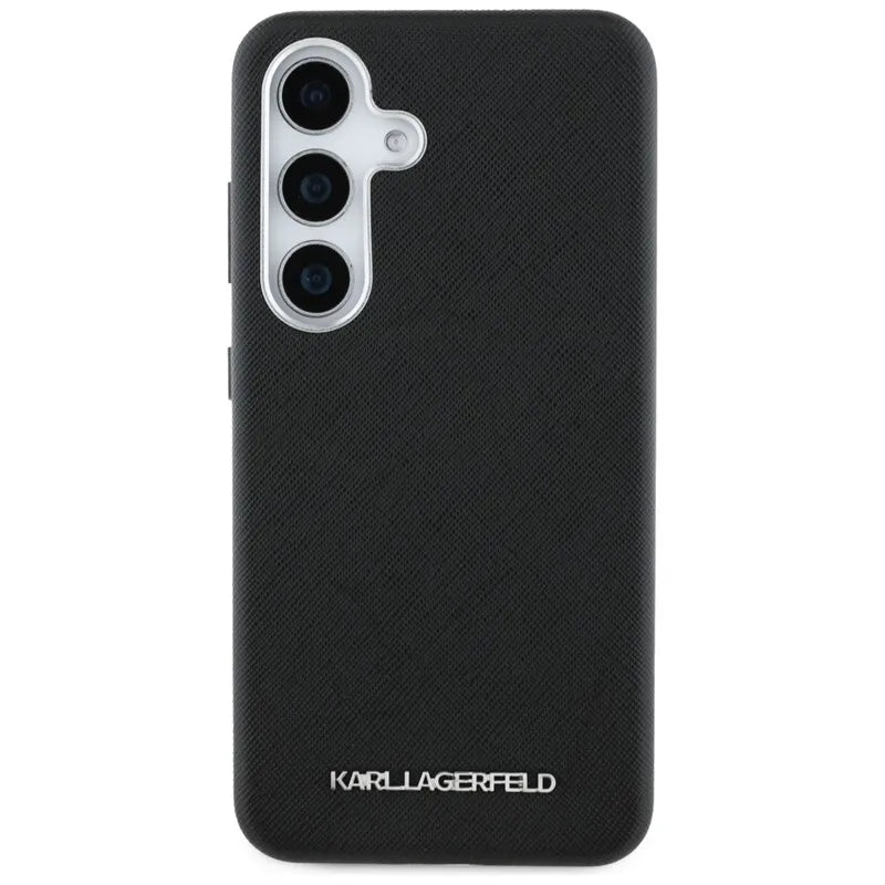Karl Lagerfeld Saffiano Full Wrapped Elongated Metal Logo MagSafe dėklas skirtas Samsung Galaxy S25 (juodas)