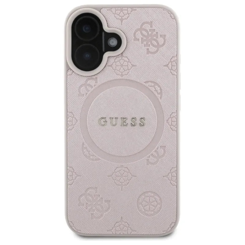 Guess Saffiano Peony Classic Logo MagSafe – dėklas iPhone 16 (rožinis)