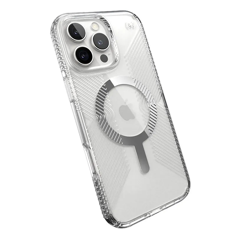 Speck Presidio Perfect-Clear Grip MagSafe – dėklas iPhone 16 Pro Max (skaidrus / chromuota apdaila / Serene Silver)