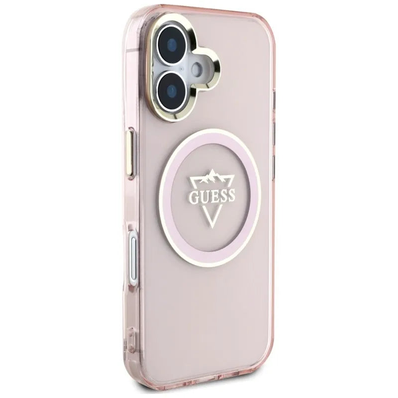 Guess IML Metal Mountain Logo MagSafe – Dėklas iPhone 16 (rožinis)