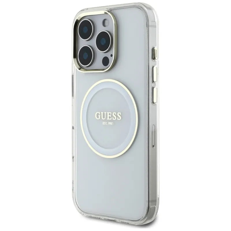 Guess IML Metal Colored Circle Classic Logo MagSafe - dėklas iPhone 16 Pro (baltas)