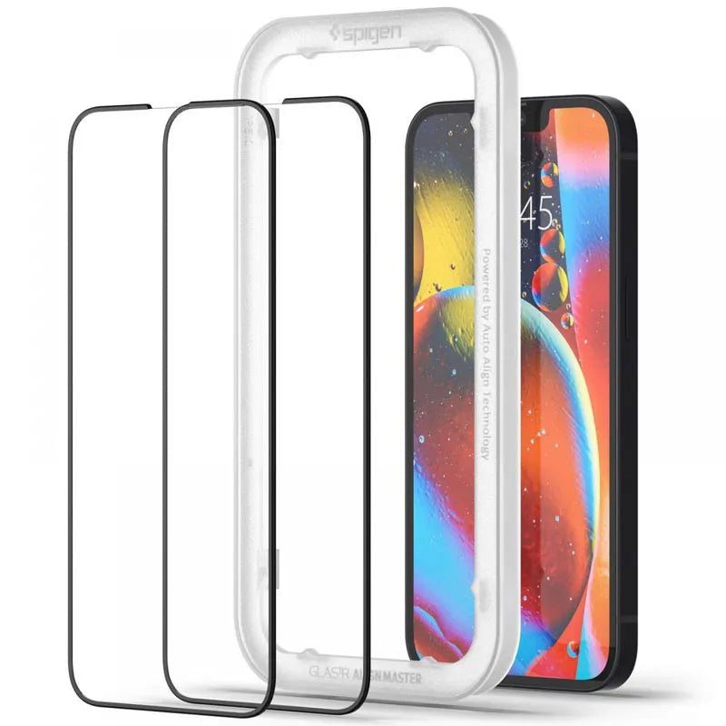 Spigen Alm Glass FC 2-Pack – grūdintas stiklas, skirtas iPhone 17e / 16e / 14 / 13 / 13 Pro, 2 vnt. (juodas rėmelis)