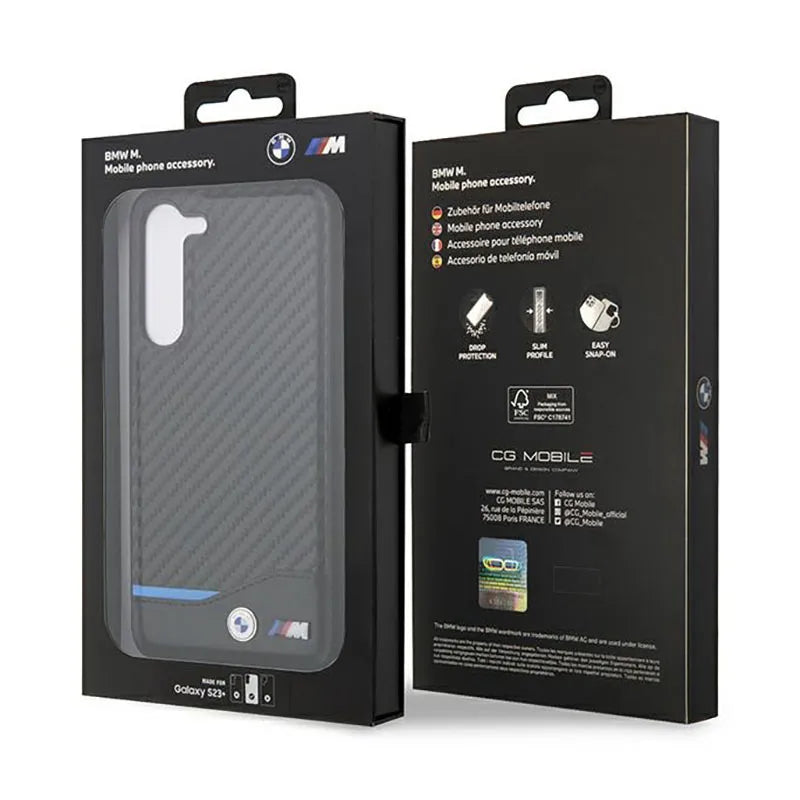 BMW Leather Carbon Blue Line – dėklas Samsung Galaxy S23+ (juodas)