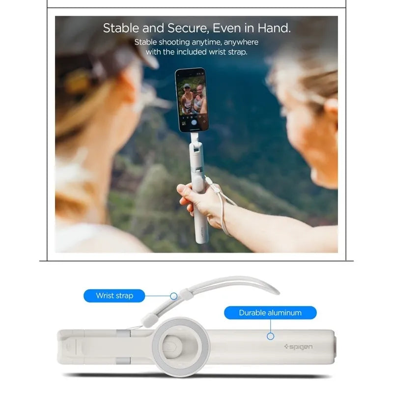 Spigen S582W MagSafe „Bluetooth“ asmenukių lazda su trikoju – išmaniojo telefono trikojis / asmenukių lazdos laikiklis (Dune Beige)
