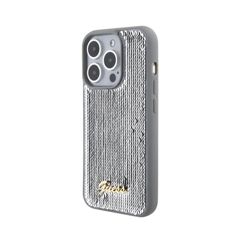 Guess Sequin Script Metal – dėklas „iPhone 15 Pro“ (sidabrinis)