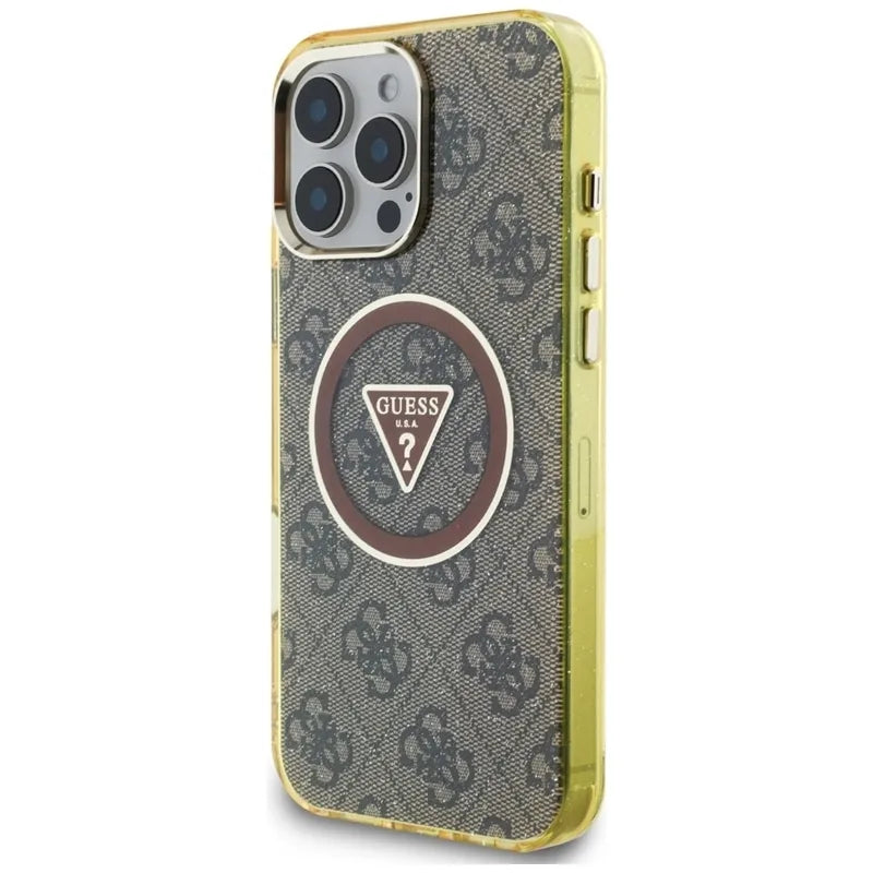 Guess IML Metal Glitter 4G Circle Triangle MagSafe – dėklas iPhone 16 Pro (rudas)