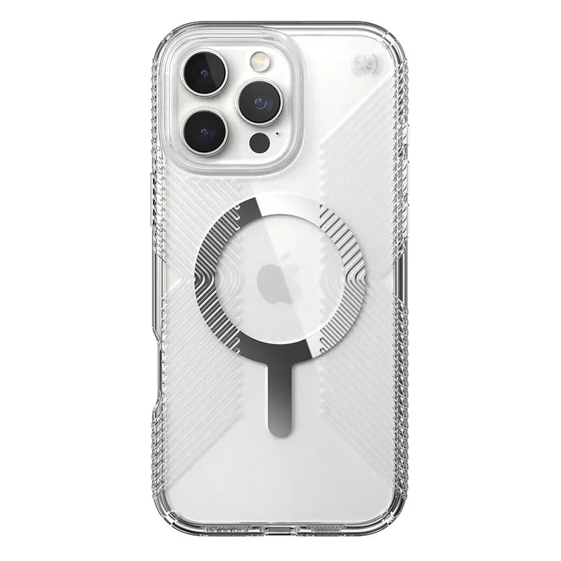 Speck Presidio Perfect-Clear Grip MagSafe – dėklas iPhone 16 Pro Max (skaidrus / chromuota apdaila / Serene Silver)