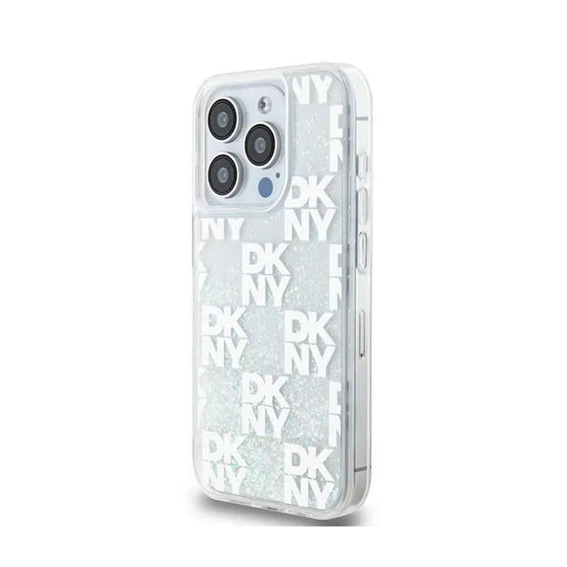 DKNY Liquid Glitter Multilogo – dėklas iPhone 15 Pro (baltas)
