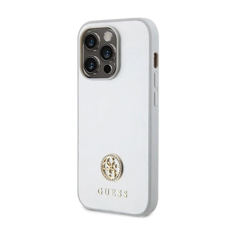 Guess 4G Strass Metal Logo - dėklas iPhone 15 Pro (sidabrinis)