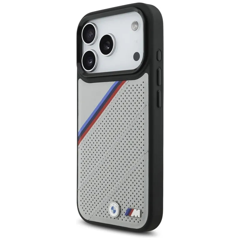 BMW M Tricolor Metal Logo MagSafe – iPhone 17 Pro dėklas (pilkas)