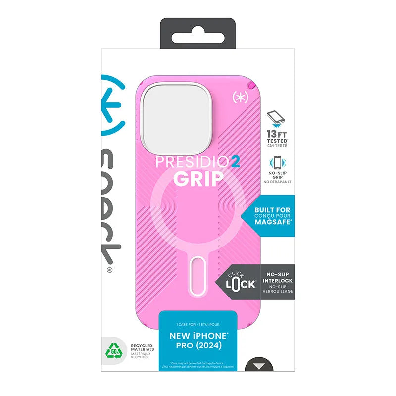 Speck Presidio2 Grip ClickLock & MagSafe dėklas - iPhone 16 Pro (True Pink / Shocking Pink / White)