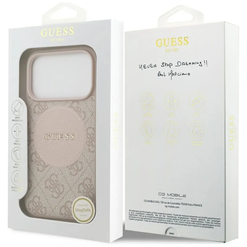 Guess 4G Circle Classic Logo MagSafe dėklas iPhone 17 Pro (rožinis)