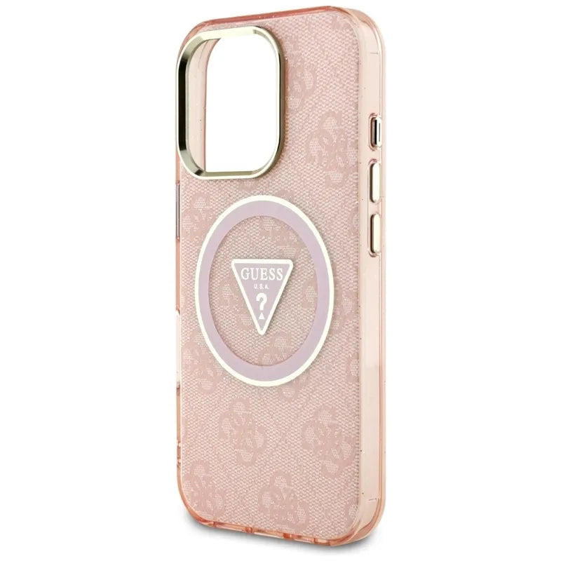 Guess IML Metal Glitter 4G Circle Triangle MagSafe – Dėklas iPhone 16 Pro (rožinis)