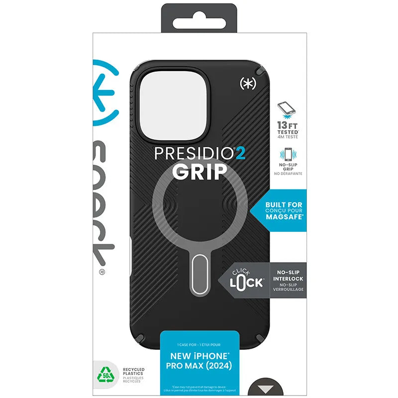 Speck Presidio2 Grip ClickLock & MagSafe – iPhone 16 Pro Max dėklas (juodas / skalūno pilkas / baltas)