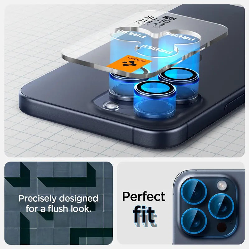 Spigen Optik Pro GLAS.TR EZ Fit kameros apsauga 2 vnt. – Apsauginis stiklas fotoaparato objektyvui, skirtas iPhone 15 Pro / iPhone 15 Pro Max / iPhone 14 Pro / iPhone 14 Pro Max (2 vnt.)