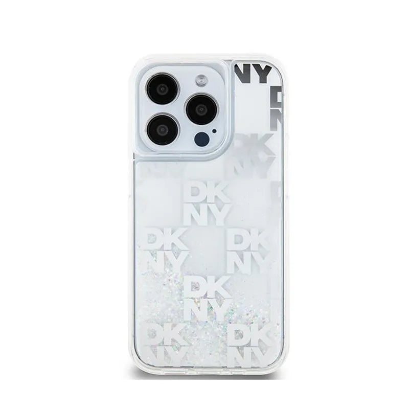 DKNY Liquid Glitter Multilogo – dėklas iPhone 15 Pro (baltas)