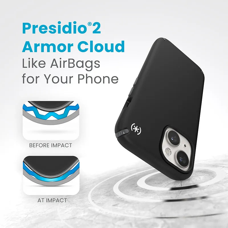 Speck Presidio2 Pro MagSafe dėklas - iPhone 17e / 16e / 15 / 14 / 13 (juodas / pilkas / baltas)