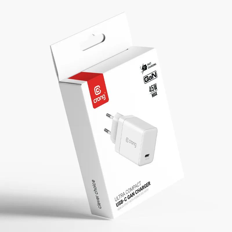 Crong Ultra Compact GaN – USB-C 45W PD 3.0 sieninis įkroviklis su PPS (baltas)