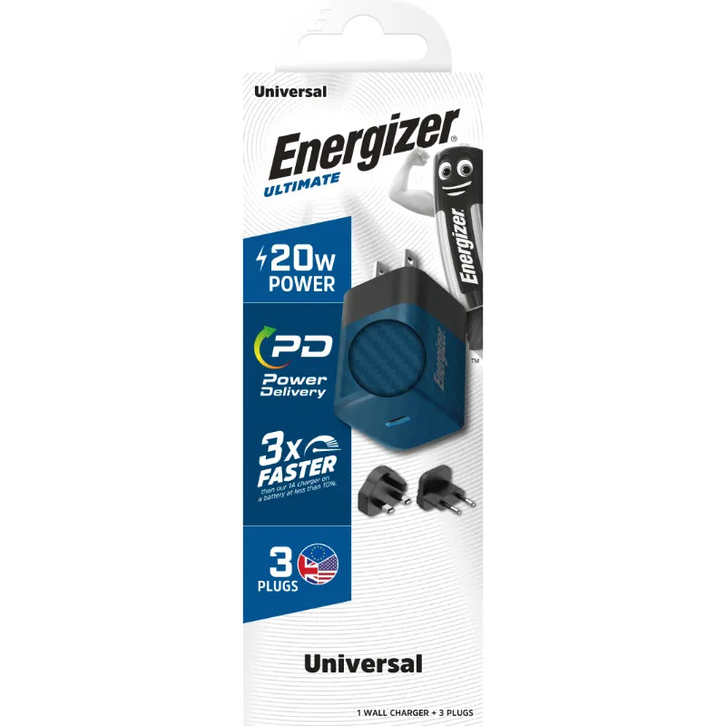 Energizer Ultimate - Multiplug ES / JK / JAV GaN 20W PD tinklo įkroviklis (mėlynas)