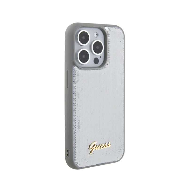 Guess Sequin Script Metal – dėklas „iPhone 15 Pro“ (sidabrinis)