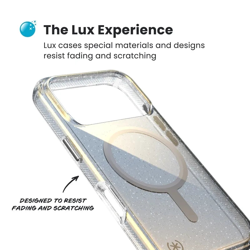 Speck Presidio Lux MagSafe – iPhone 17 Pro dėklas (Hyper Mirror Glitter / Silver Metallic)
