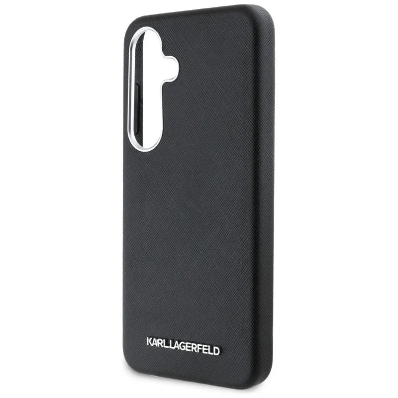 Karl Lagerfeld Saffiano Full Wrapped Elongated Metal Logo MagSafe dėklas skirtas Samsung Galaxy S25 (juodas)