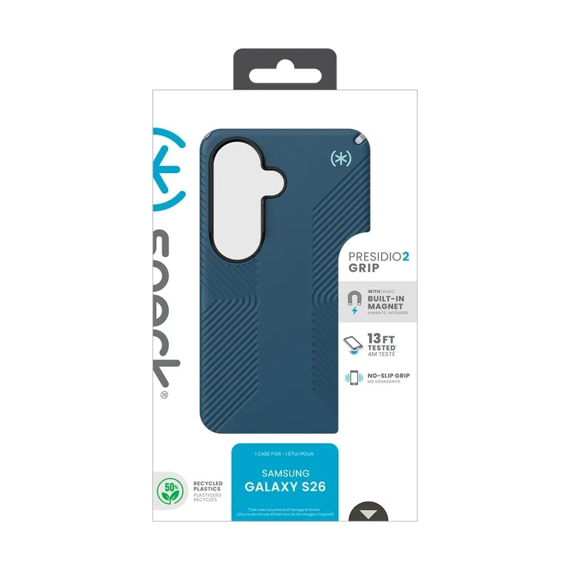 Speck Presidio2 Grip Magnet – apsauginis dėklas su MagSafe, skirtas Samsung Galaxy S26 (Deep Sea/Silver Metallic/Spell Blue)