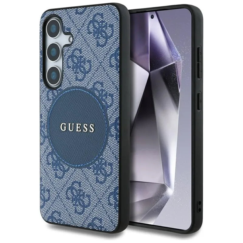 Guess 4G Round Patch Classic Logo MagSafe – dėklas Samsung Galaxy S25+ (mėlynas)