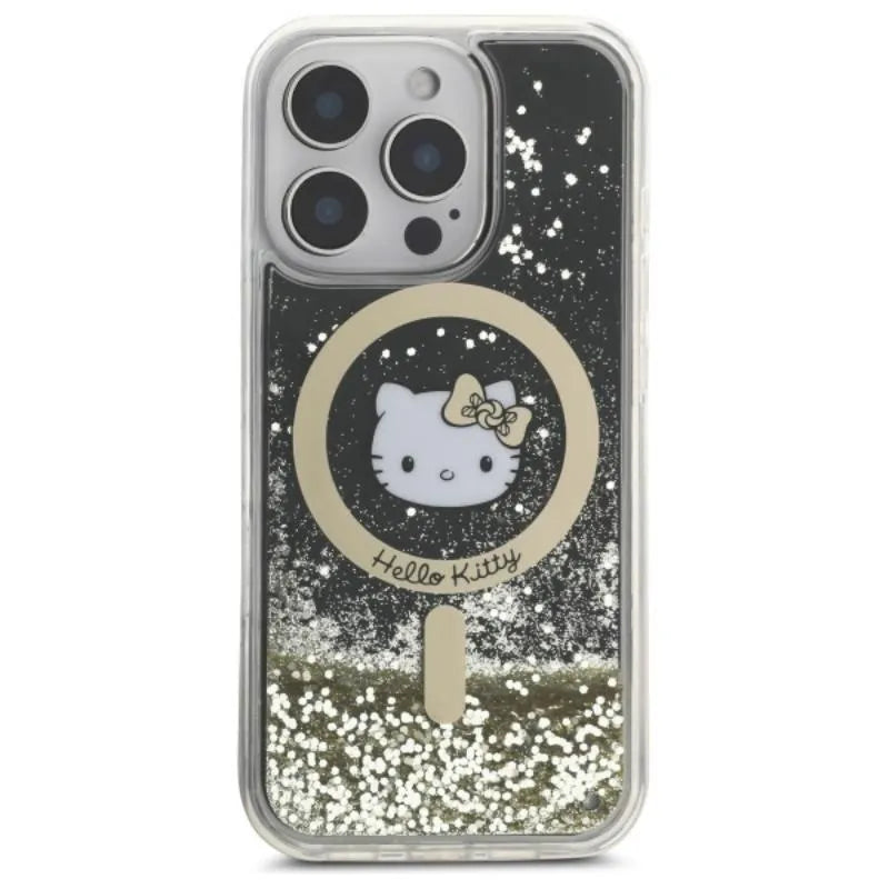 Hello Kitty Liquid Glitter Fever MagSafe - dėklas iPhone 16 Pro (juodas/auksinis)