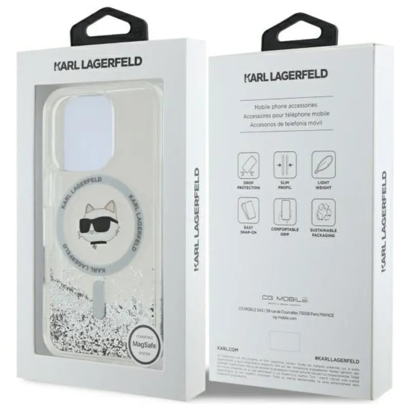 Karl Lagerfeld Liquid Glitter Choupette Head MagSafe – Dėklas iPhone 16 Pro Max (skaidrus)