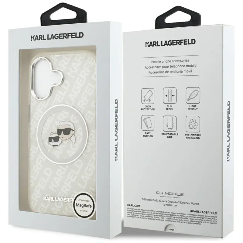 Karl Lagerfeld IML Glitter Karl & Choupette Heads Logo MagSafe dėklas iPhone 17 (pilkas)